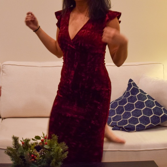 Velour Ruffle-Sleeve Bodycon Midi Dress - Picture 2 of 6